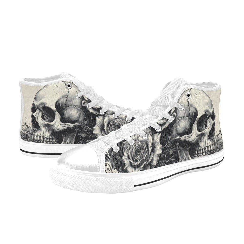 Freaky Shoes custom art sneakers with black and white skull and rose tattoo art, made to order