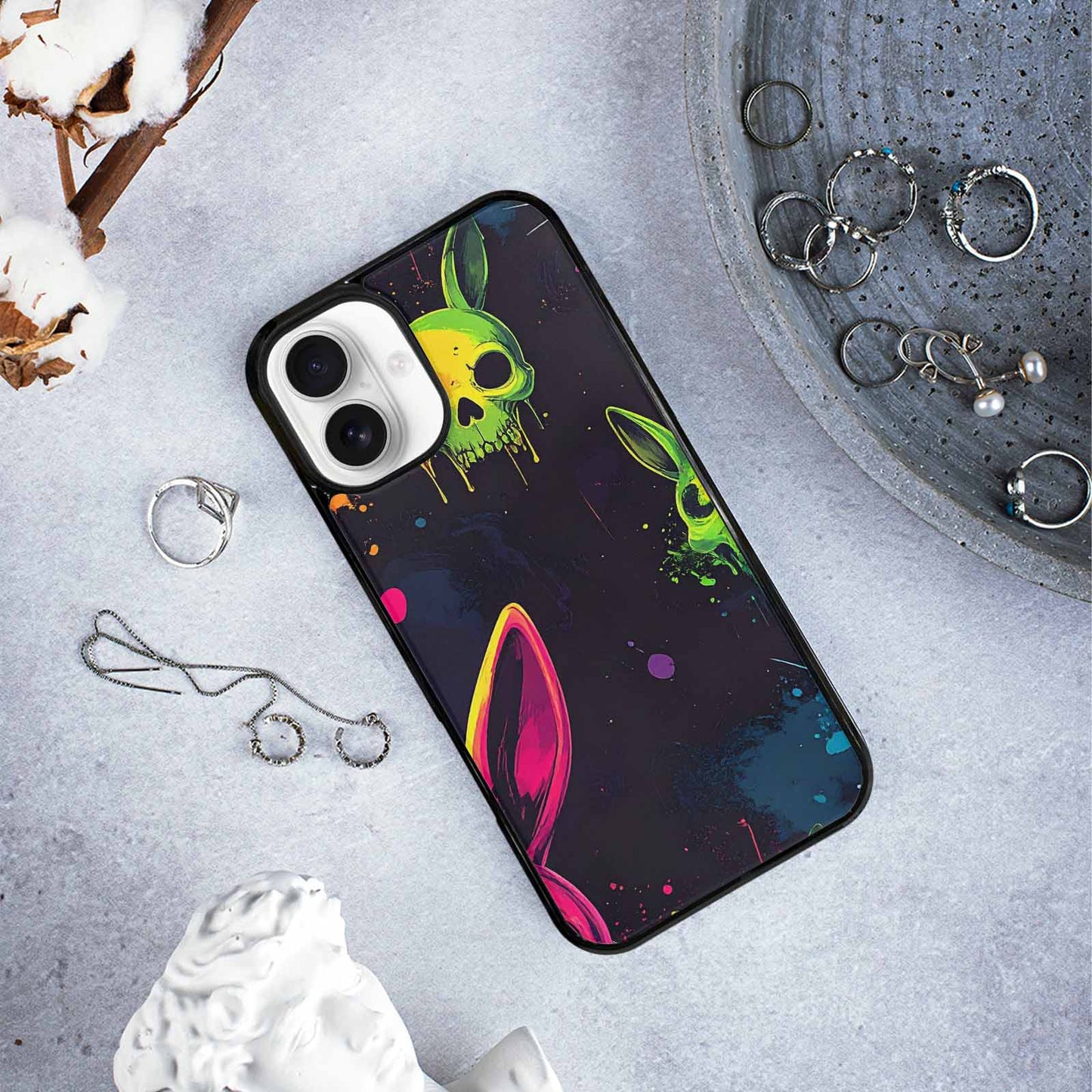 iPhone 16 Plus Case — Radioactive Ghost Bunny Skull Small Radioactive, Custom Printed Phone Case