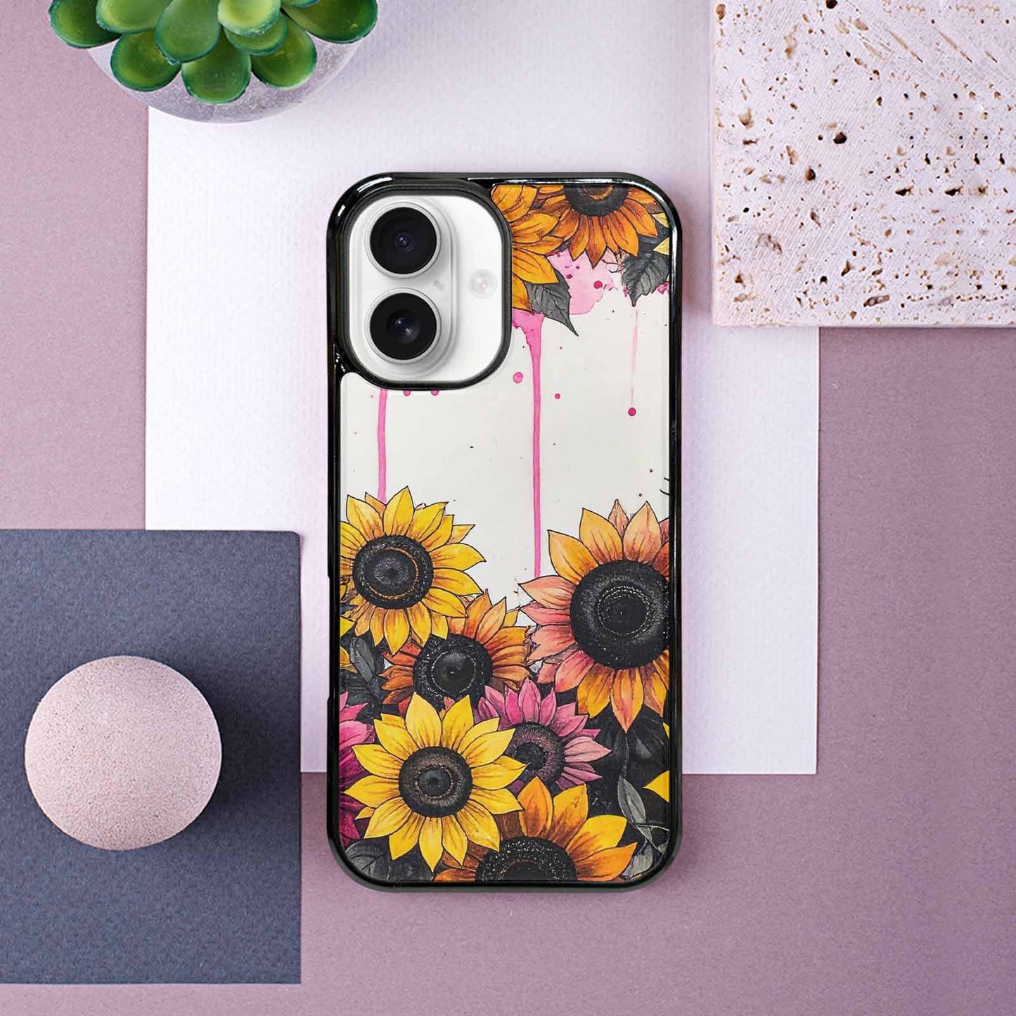 iPhone 16 Case — Sunflower Burst Black Pink Ink Sunflowers, Custom Printed Phone Case