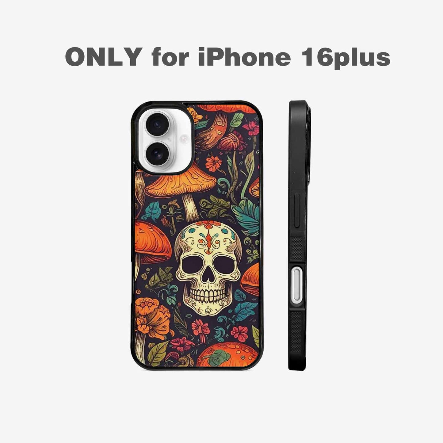 iPhone 16 Plus Case — Mushrooms And Skulls, Custom Art Phone Cover