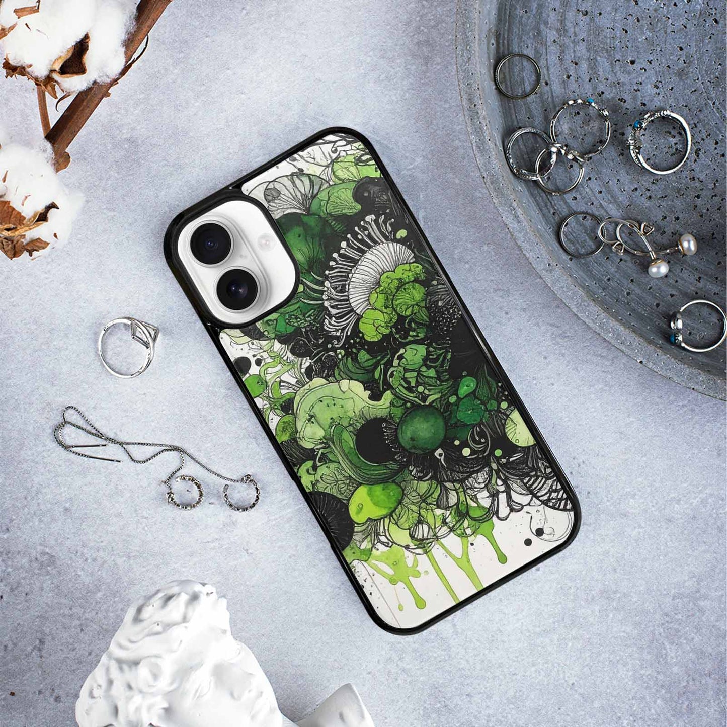 iPhone 16 Plus Case — Sea Creature Burst Black Green Ink, Original Design Phone Case