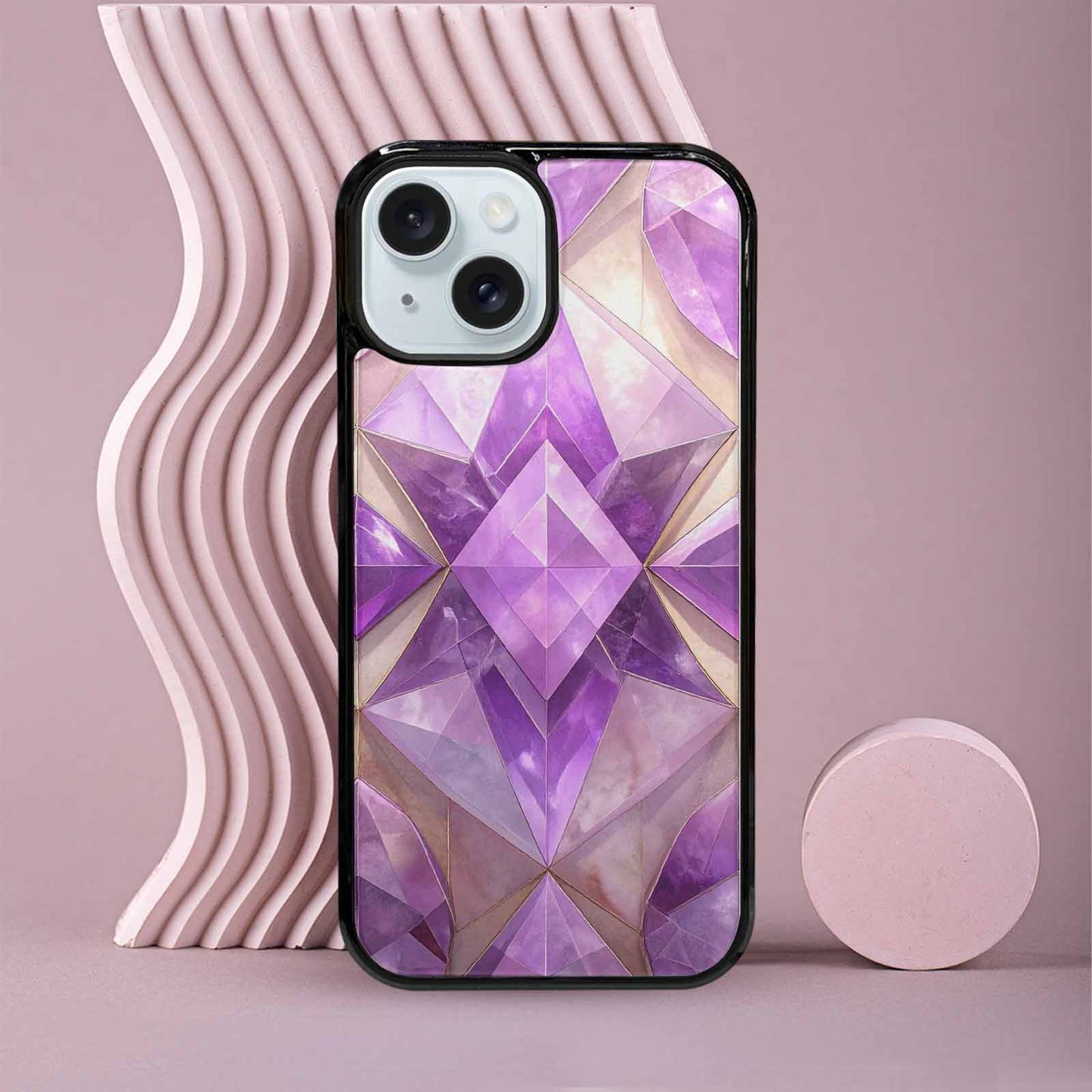 iPhone 15 Case — Amethyst Crystal Art Pattern, Custom Art Phone Cover