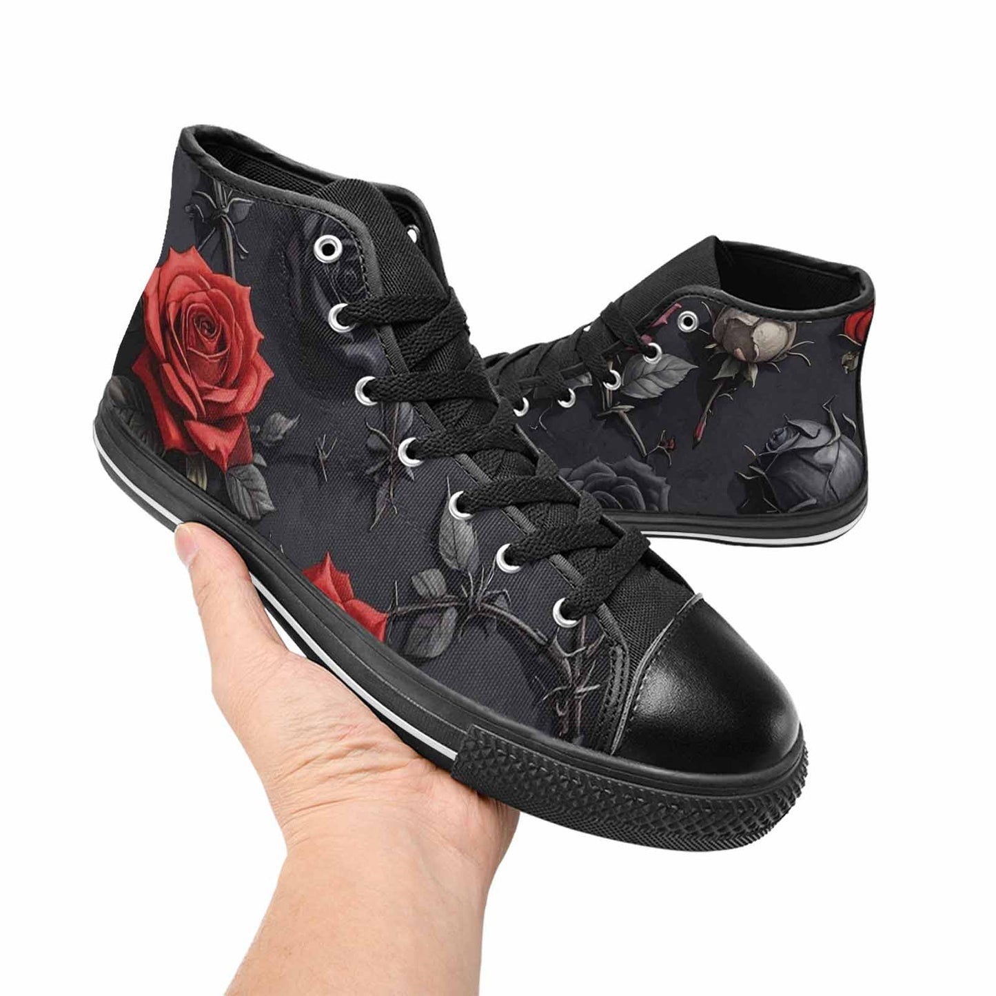 MEN'S Black Gothic Rose High Top Canvas Dark Academia Custom Sneakers