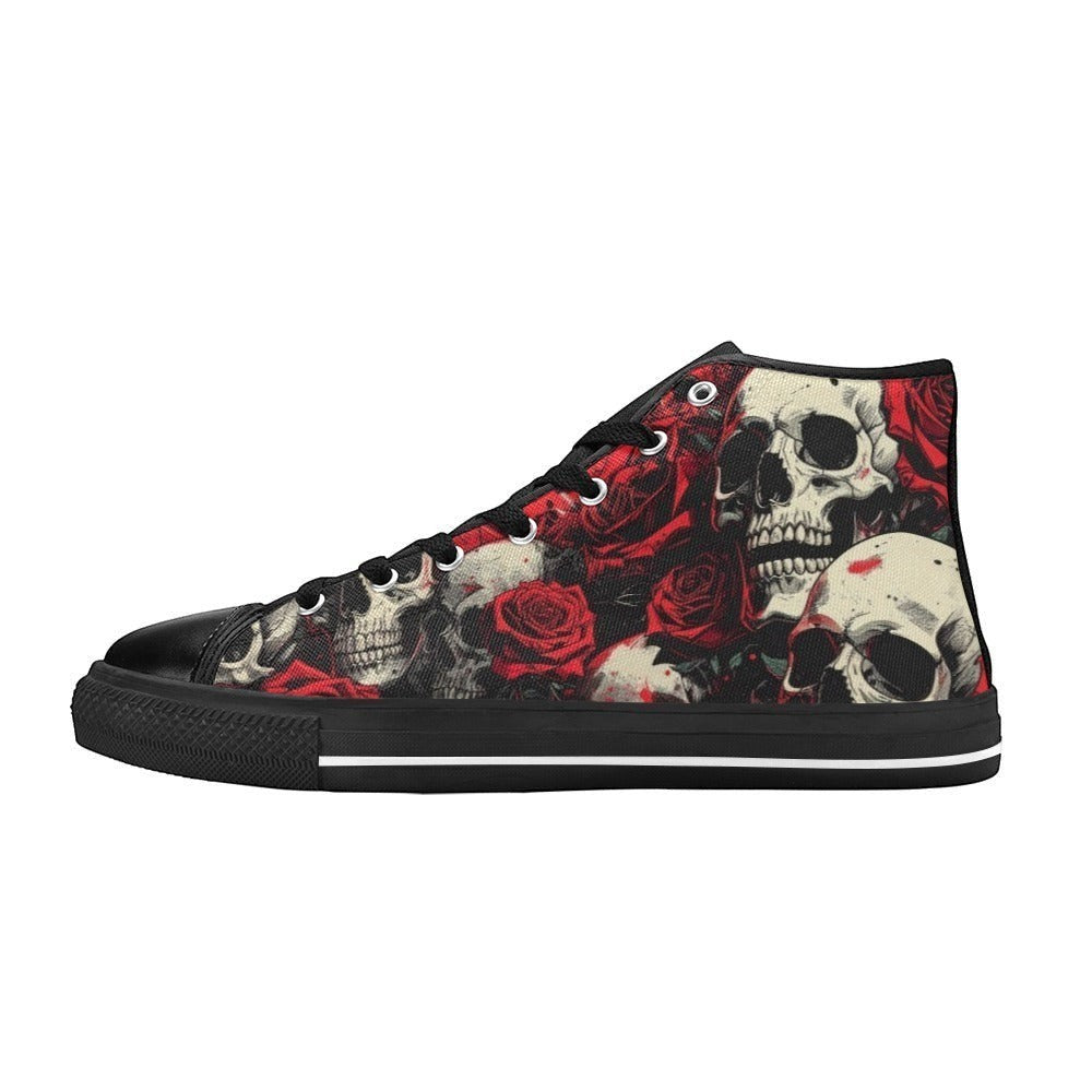 Freaky Shoes custom art sneakers with skull and red rose print, made to order wearable art