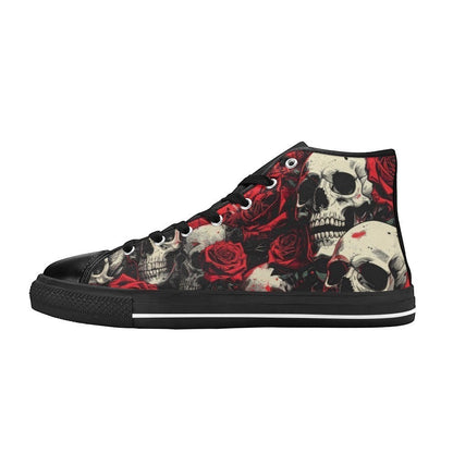 Freaky Shoes custom art sneakers with skull and red rose print, made to order wearable art