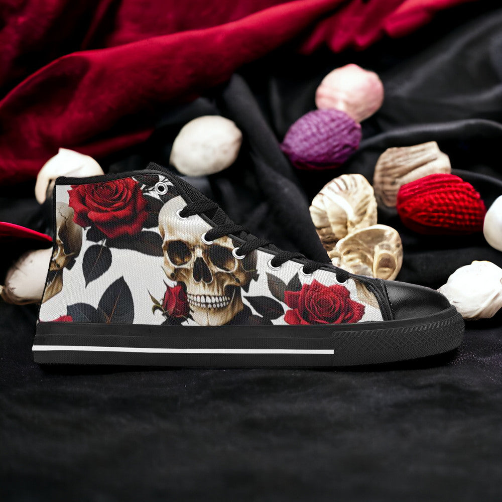 Women's Skulls Roses Deluxe high-top canvas shoes, custom full-wrap printed design — Freaky Shoes