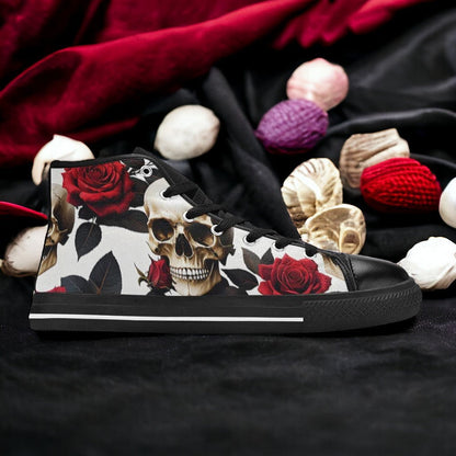 Women's Skulls Roses Deluxe high-top canvas shoes, custom full-wrap printed design — Freaky Shoes