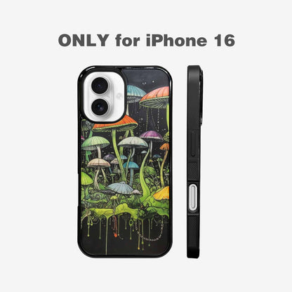 iPhone 16 Case — Rainbow Drip Mushrooms Black Green Ink, Original Design Phone Case