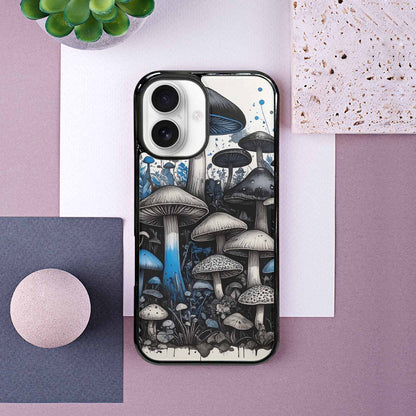 iPhone 16 Case — Mushrooms General Black Blue Ink Mushrooms, Customized Protective Case