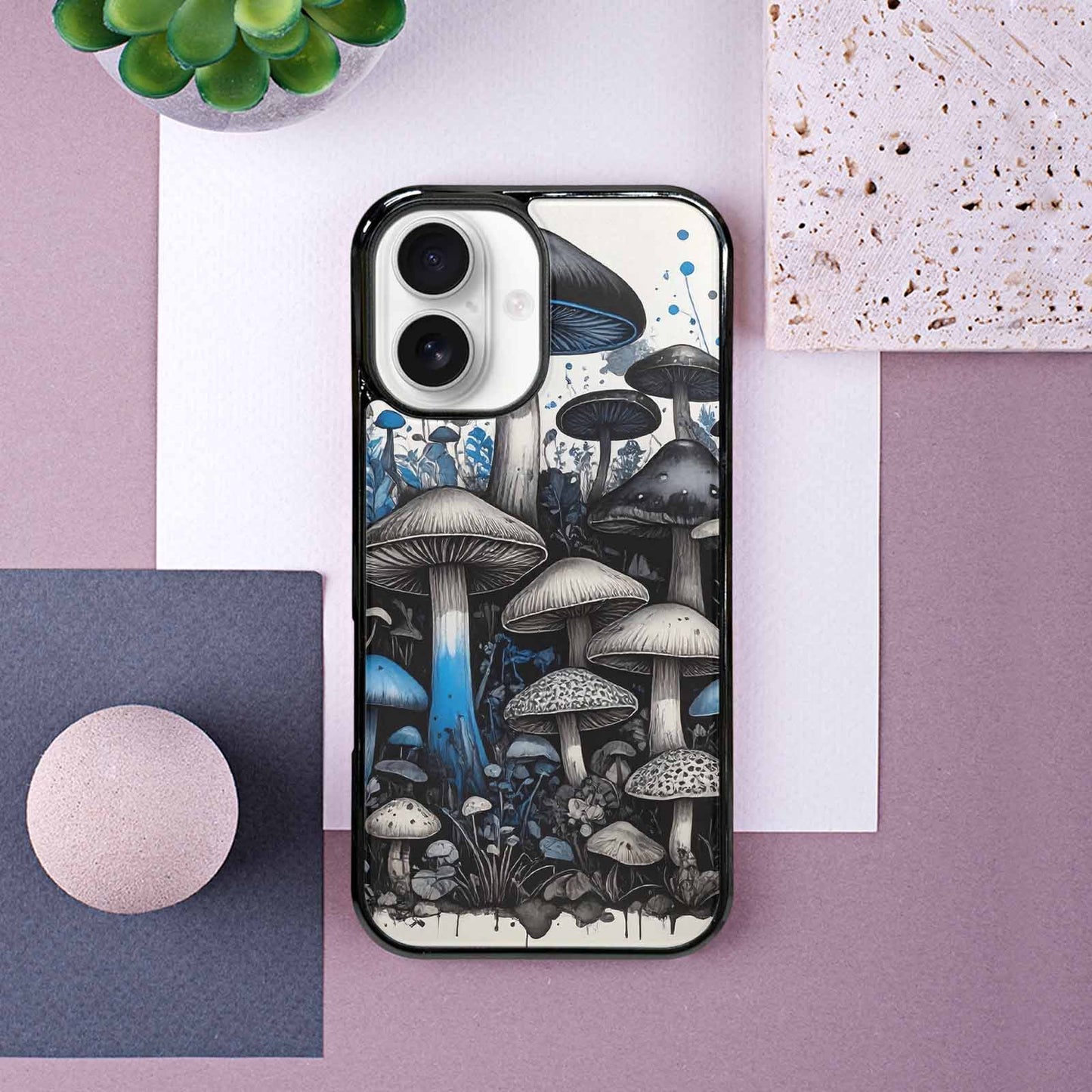 iPhone 16 Case — Mushrooms General Black Blue Ink Mushrooms, Custom Print Case Cover