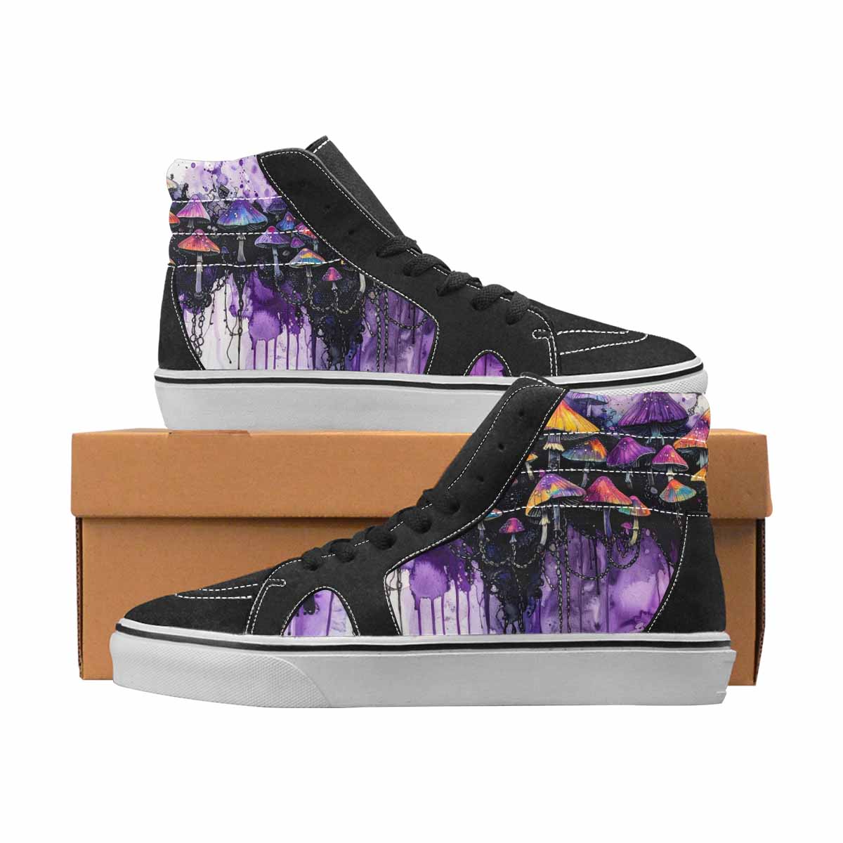 WOMEN'S Mushrooms Black & Purple Ink High Top Canvas Custom Fashion Melting Art Custom Art Shoes