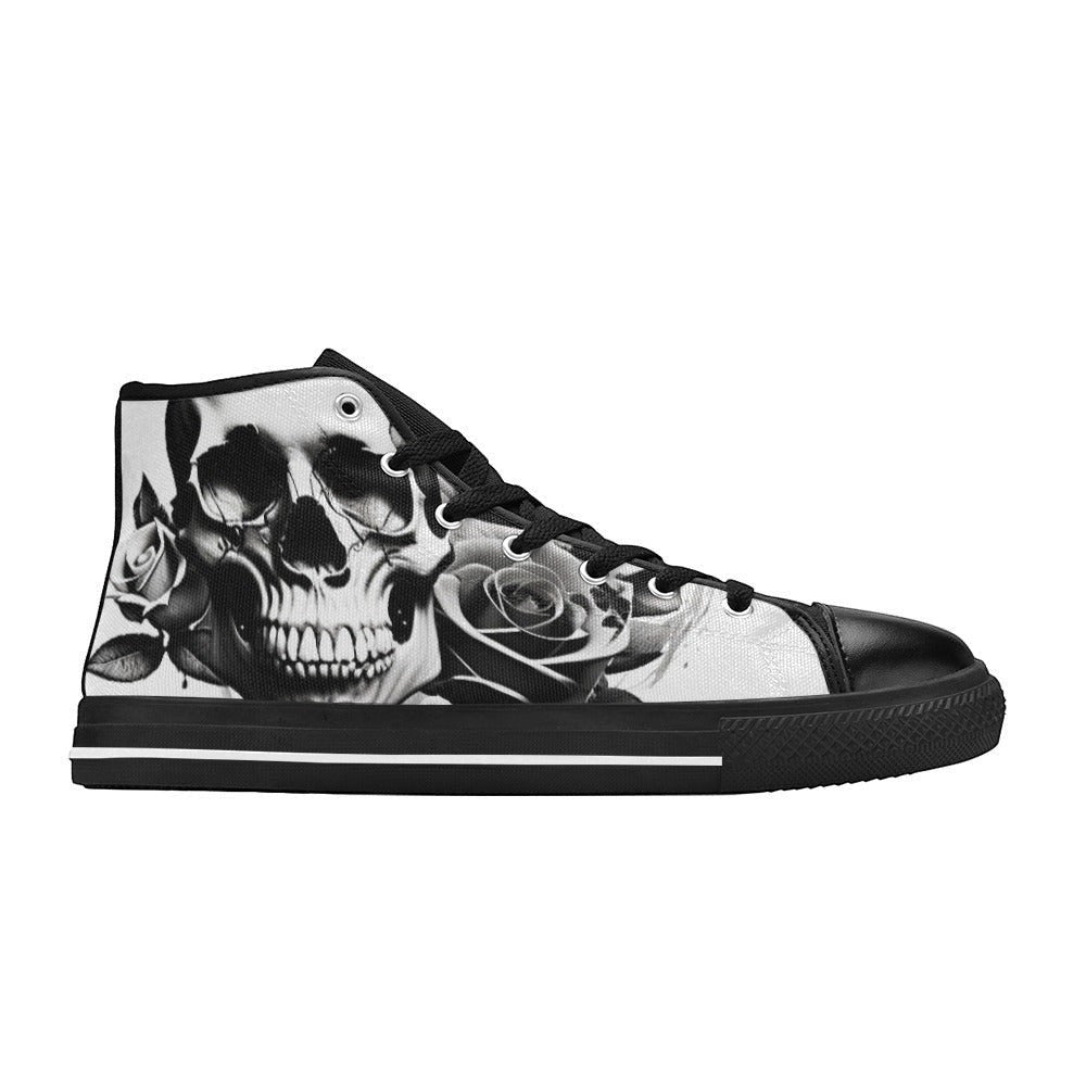 Freaky Shoes custom art sneakers with black and white skull and rose design, made to order