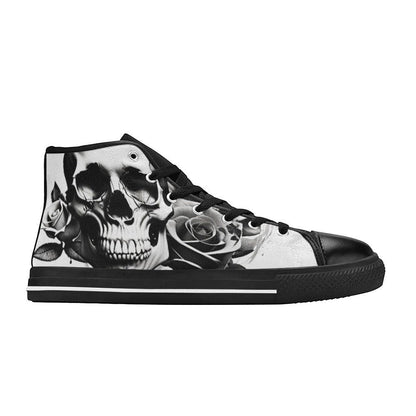 Freaky Shoes custom art sneakers with black and white skull and rose design, made to order