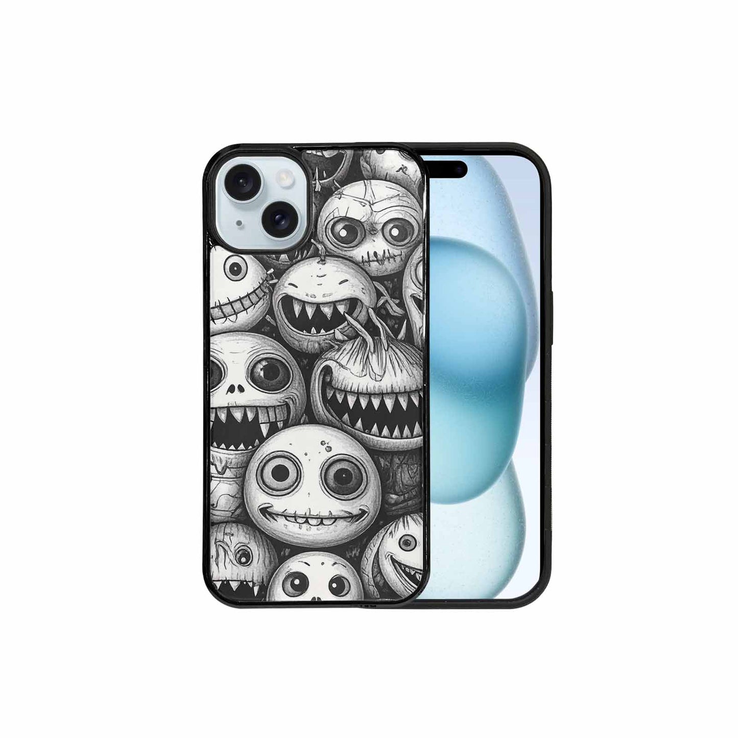 iPhone 15 Plus Case — Black And White Monster Face Collage, Personalized Phone Case