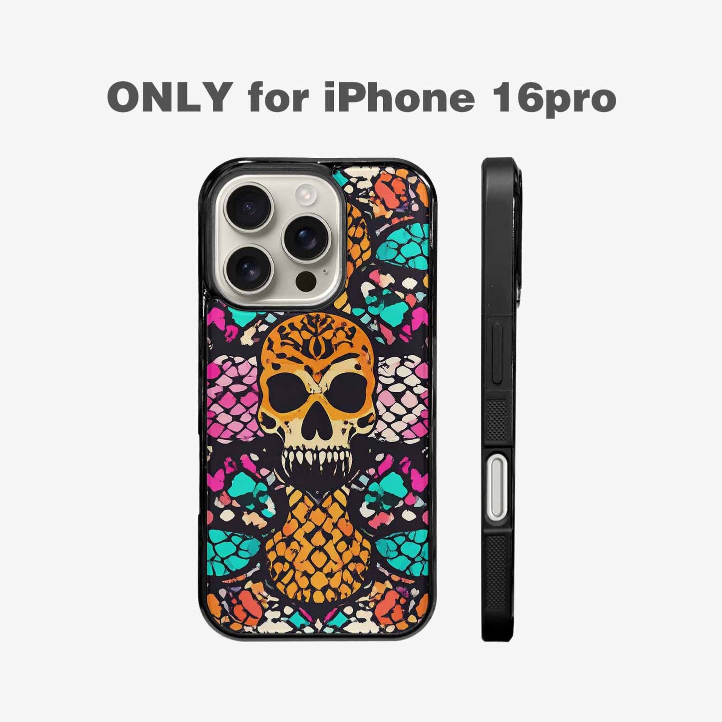 iPhone 16 Pro Case — Snake Print Skull, Custom Print Case Cover