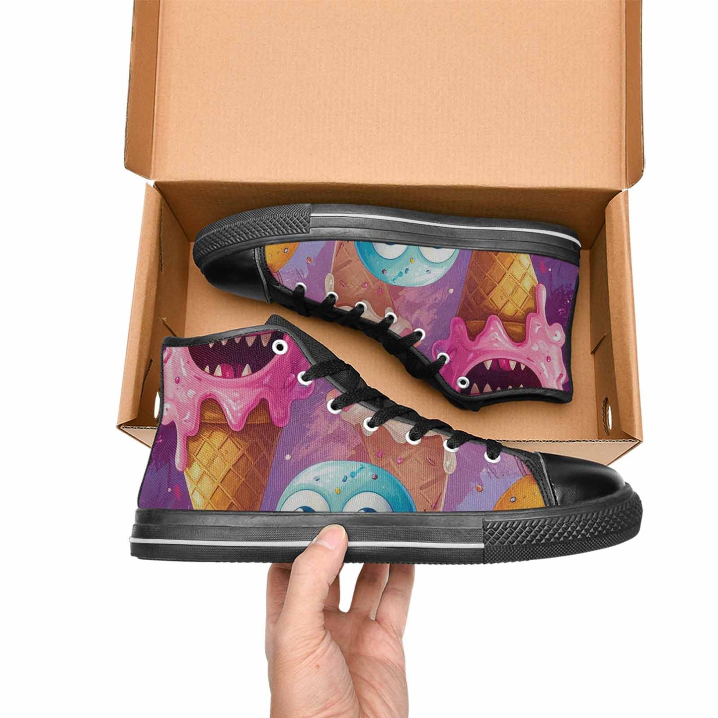 WOMEN'S Melting Icecream Cone Monster High Top Canvas Vibrant Chaos Custom Sneakers