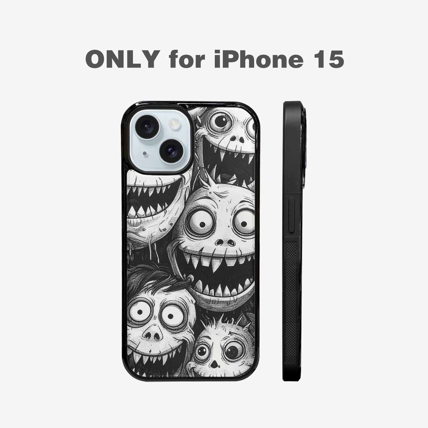 iPhone 15 Case — Black And White Monster Face Collage, Custom Phone Case