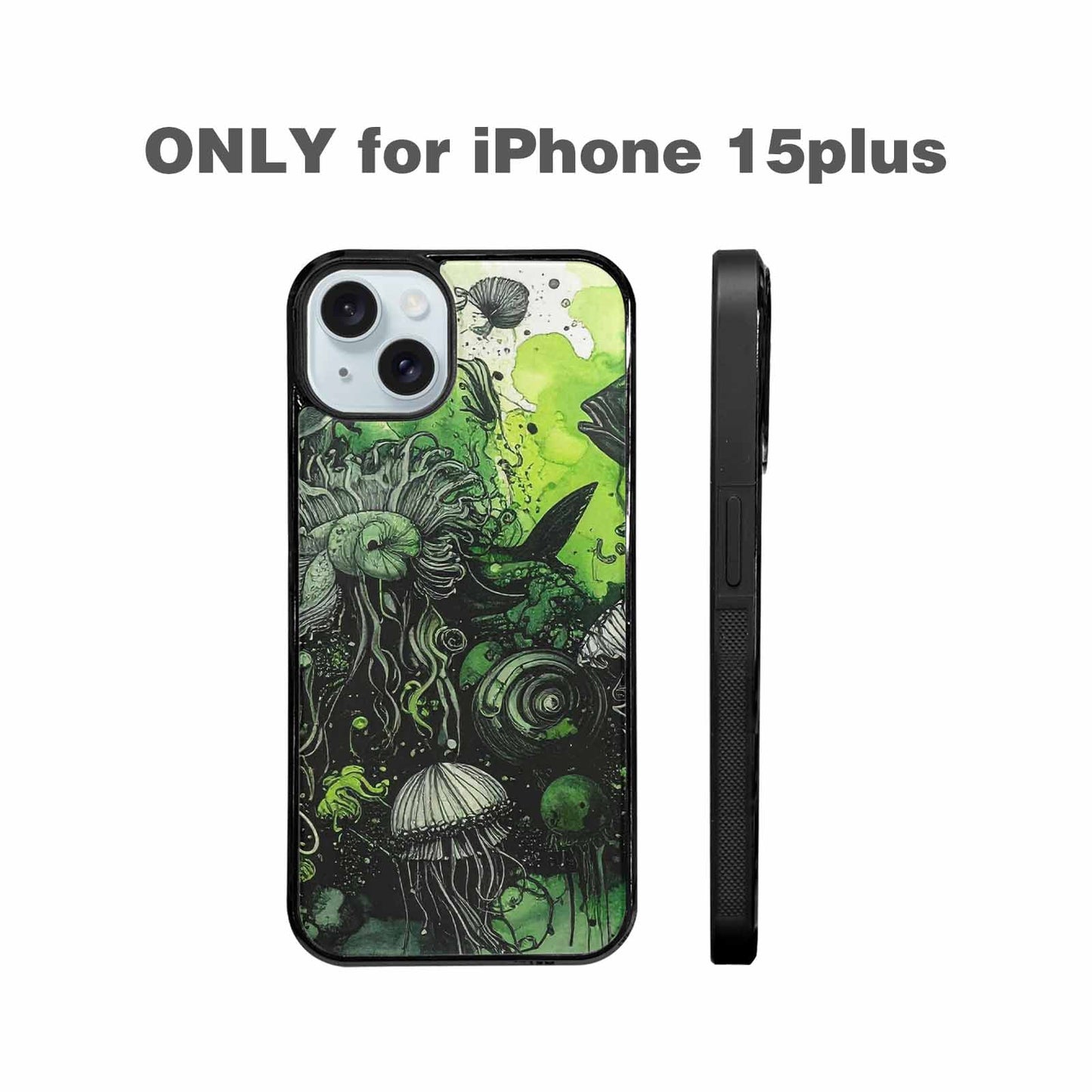 iPhone 15 Plus Case — Sea Creature Burst Black Green Ink, Custom Print Case Cover