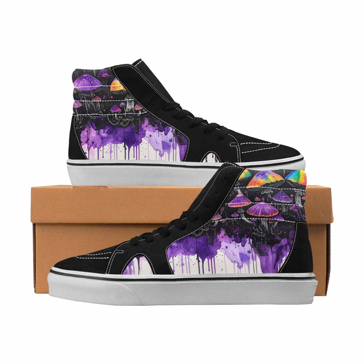 MEN'S Mushrooms Black & Purple Ink High Top Canvas Streetwear Neon Fantasy Custom Art Shoes