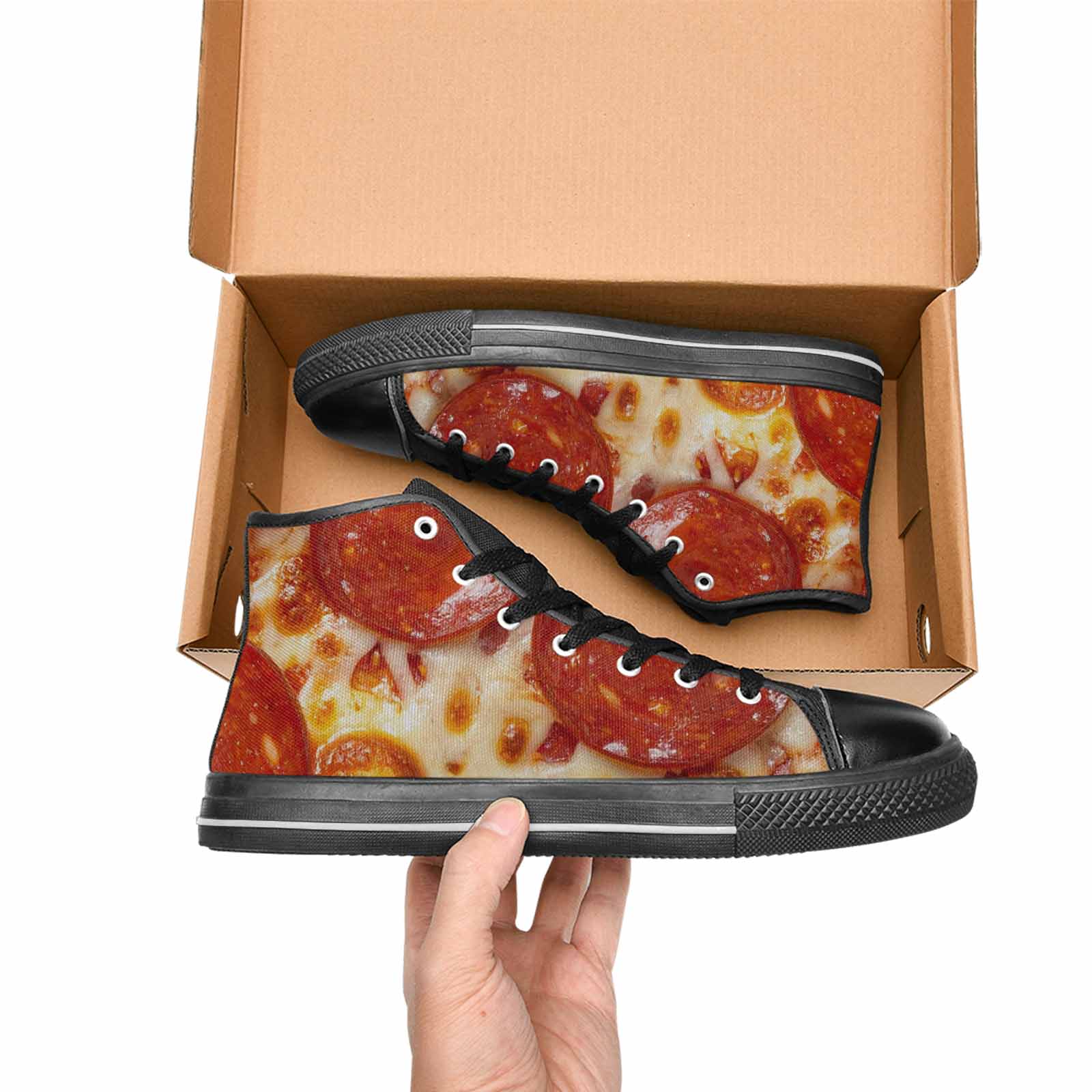 WOMEN'S Pepperoni Pizza Print High Top Canvas Vibrant Chaos Sneakers
