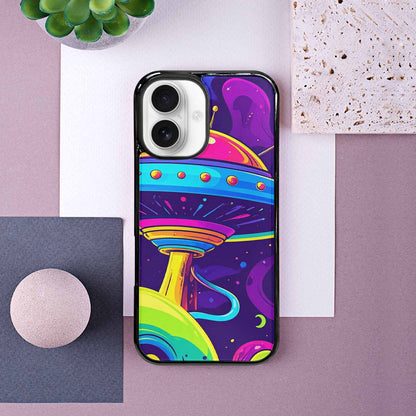 iPhone 16 Case — Alien Ufo Cartoon Art Pattern Groovy, Custom Designed Case Cover