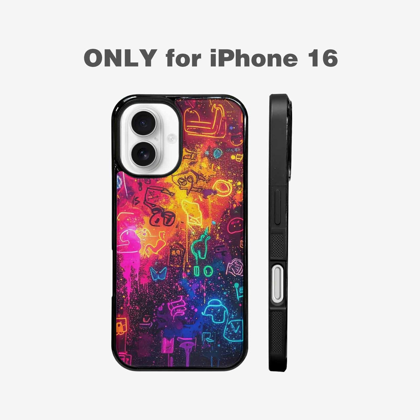 iPhone 16 Case — Neon Glow Outline Icon Pattern Hundreds, Custom Print Case Cover