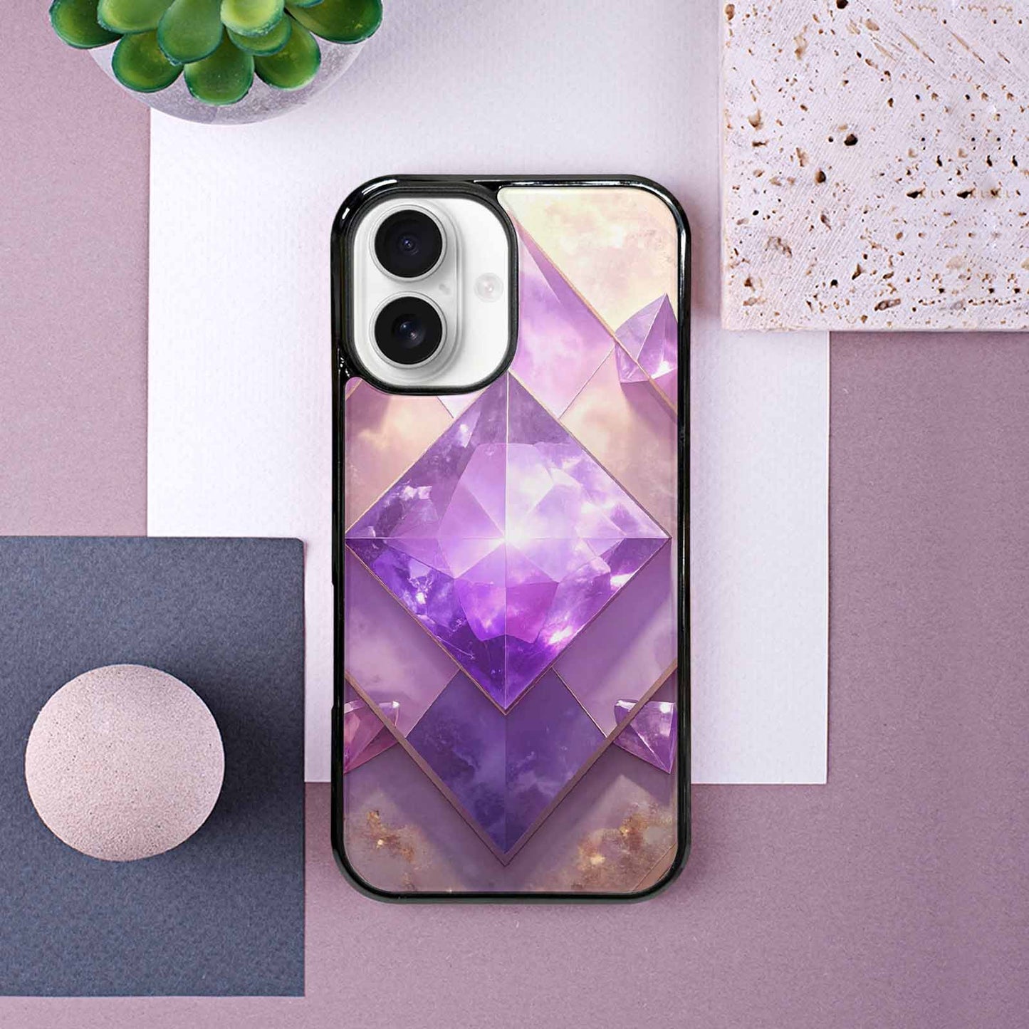 iPhone 16 Case — Amethyst Crystal Art Pattern Personalized Phone, Custom Designed Case Cover