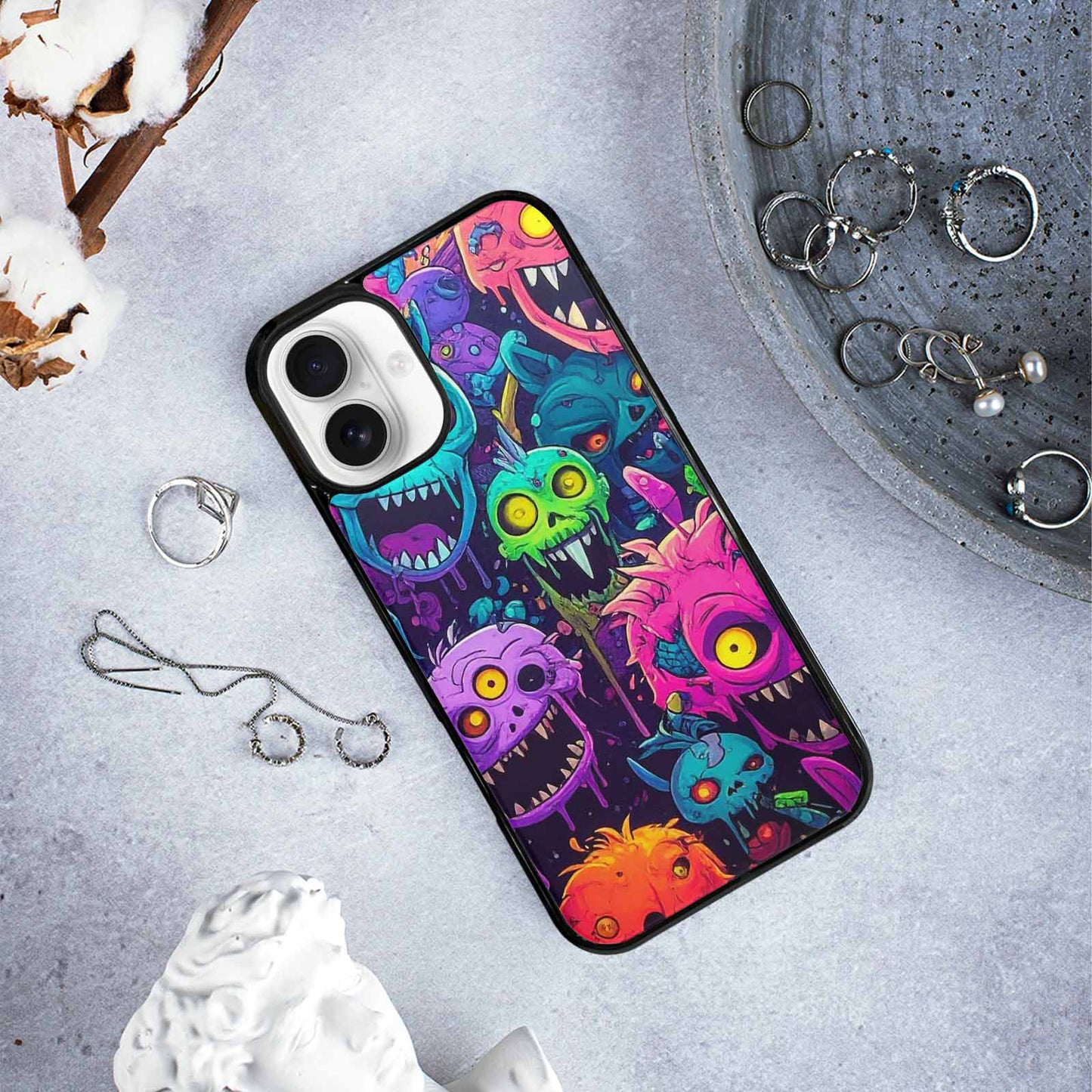 iPhone 16 Plus Case — Mixed Toxic Glow Creature Pattern Hundreds, Custom Print Case Cover