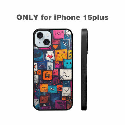 iPhone 15 Plus Case — Hand Drawn Icon Doodle Pattern Hundreds, Custom Art Phone Cover