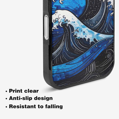 iPhone 16 Case — Nautical Wave Black Blue Ink Wave, Custom Made Phone Cover