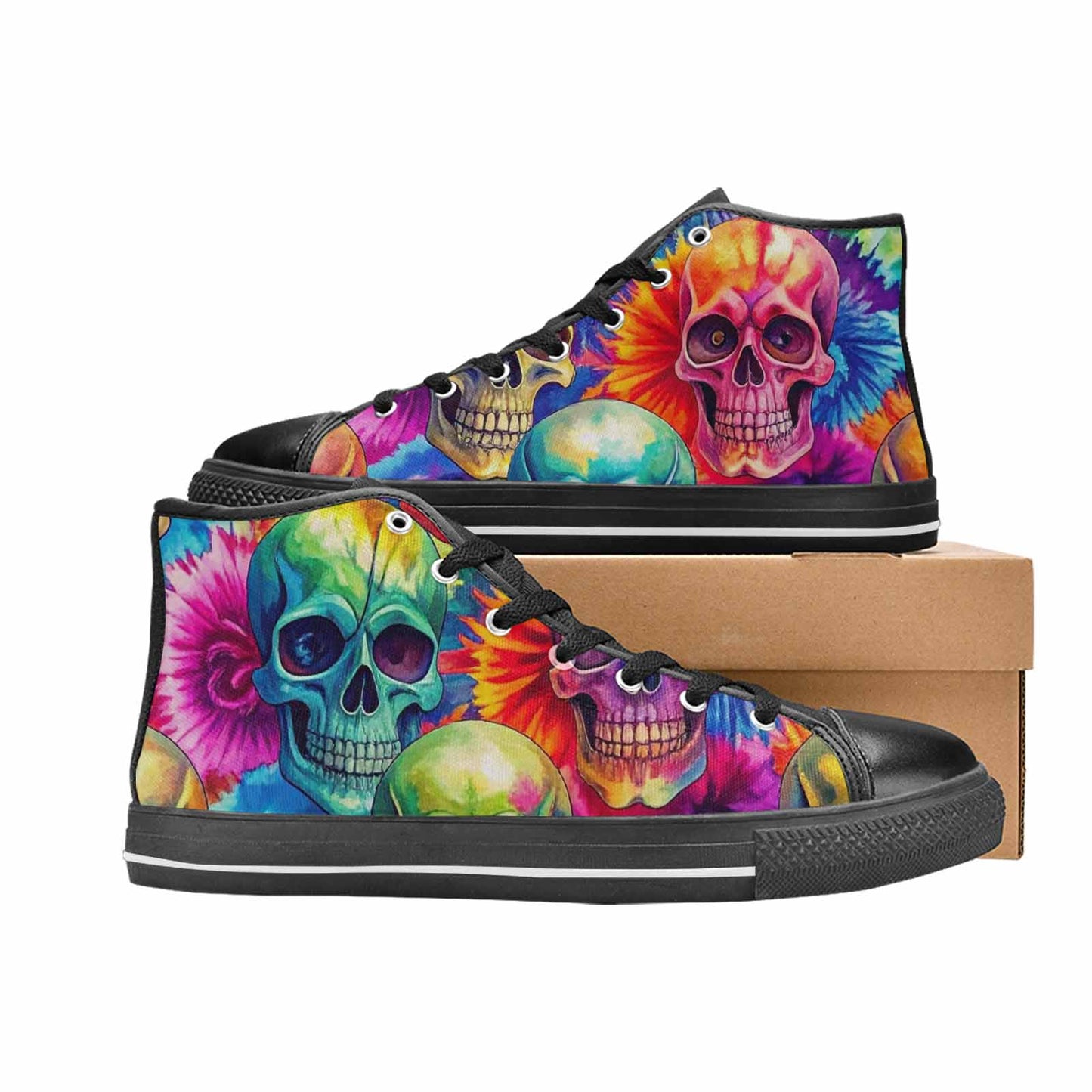WOMEN'S Tie Dye Skulls Print High Top Canvas Vivid Custom Shoes