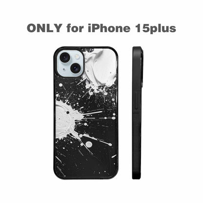 iPhone 15 Plus Case — White Ink Splatter Texture On Black, Custom Made Phone Cover