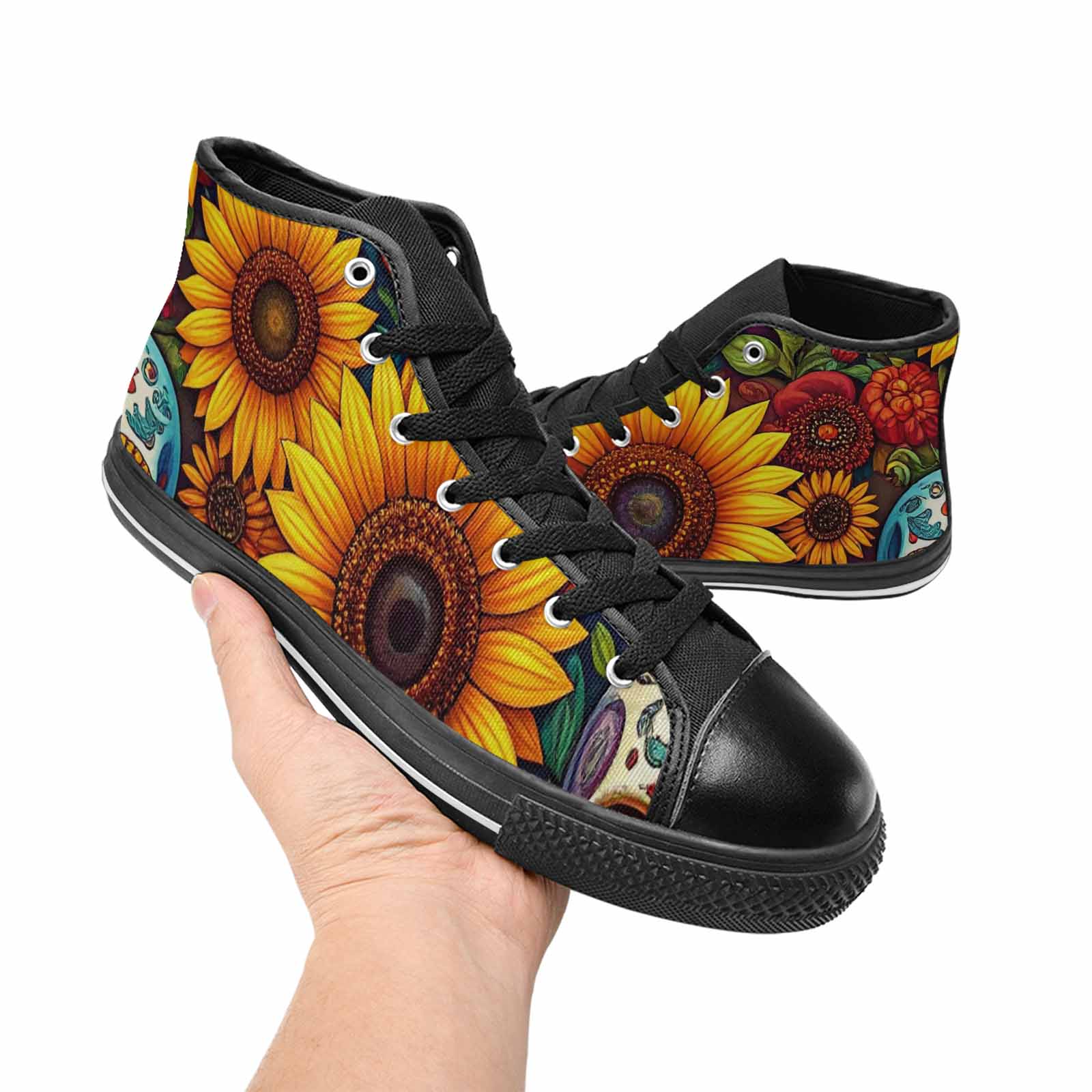 WOMEN'S Sunflower Skulls Print High Top Canvas Dreamcore Custom Shoes
