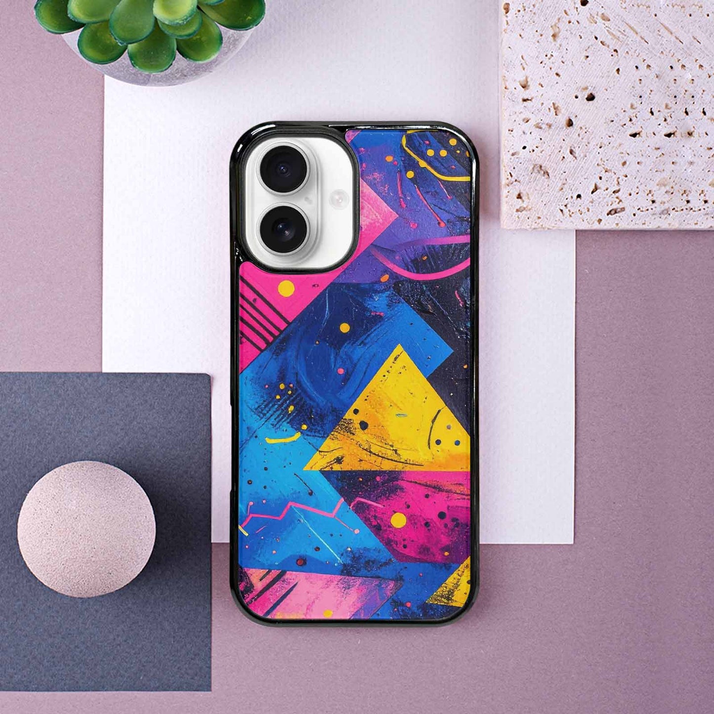 iPhone 16 Case — Memphis Squiggles Triangles Dots, Original Design Phone Case