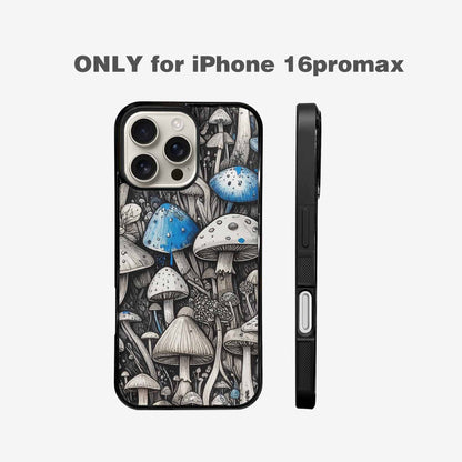 iPhone 16 Pro Max Case — Mushrooms General Black Blue Ink Mushrooms, Custom Designed Case Cover