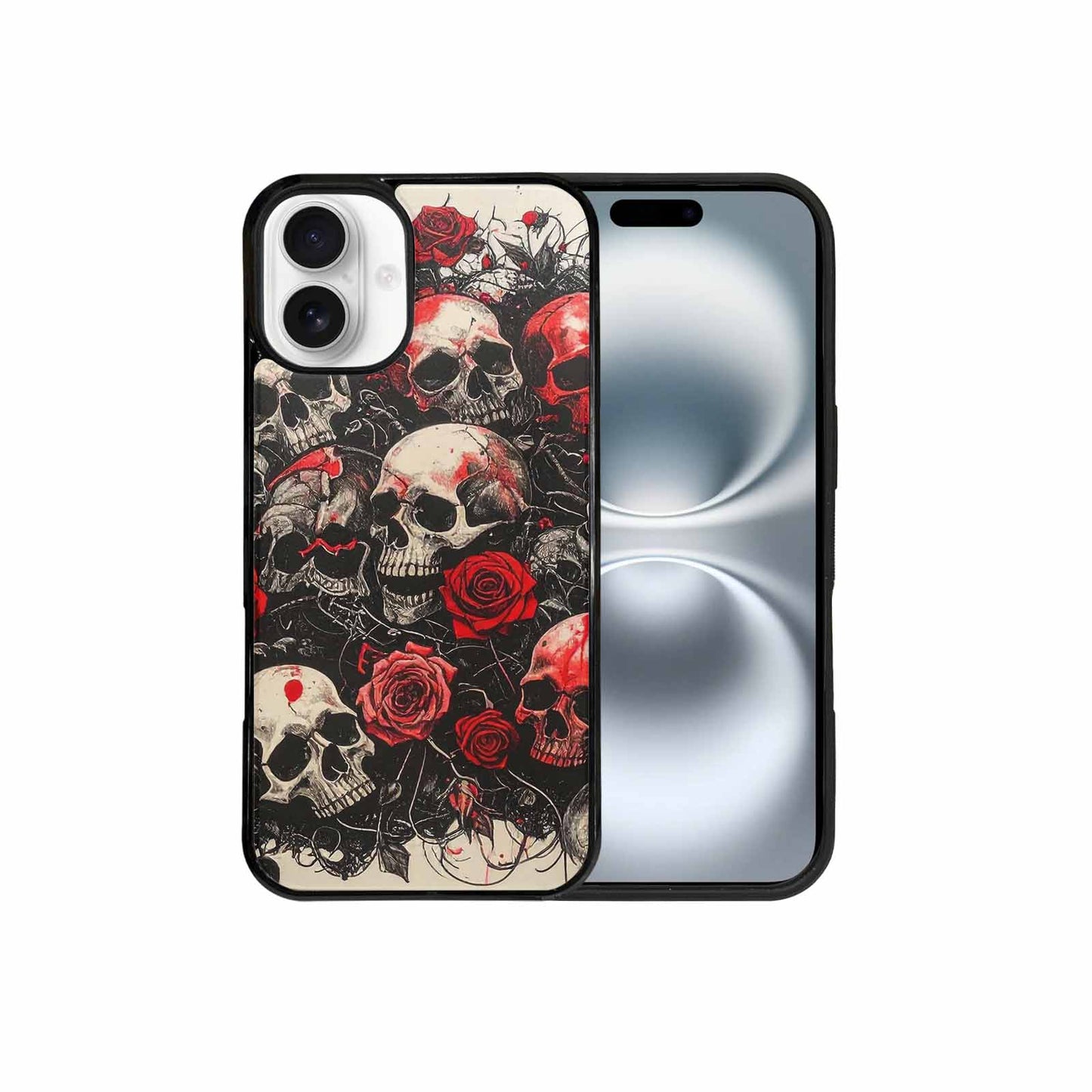 iPhone 16 Plus Case — Skull And Roses Black Red Ink, Custom Designed Case Cover