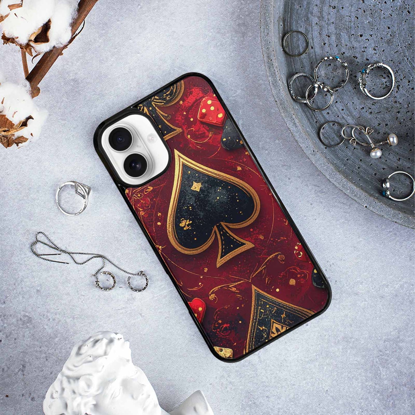 iPhone 16 Plus Case — Playing Card Suits Pattern Poker Chips, Custom Printed Phone Case