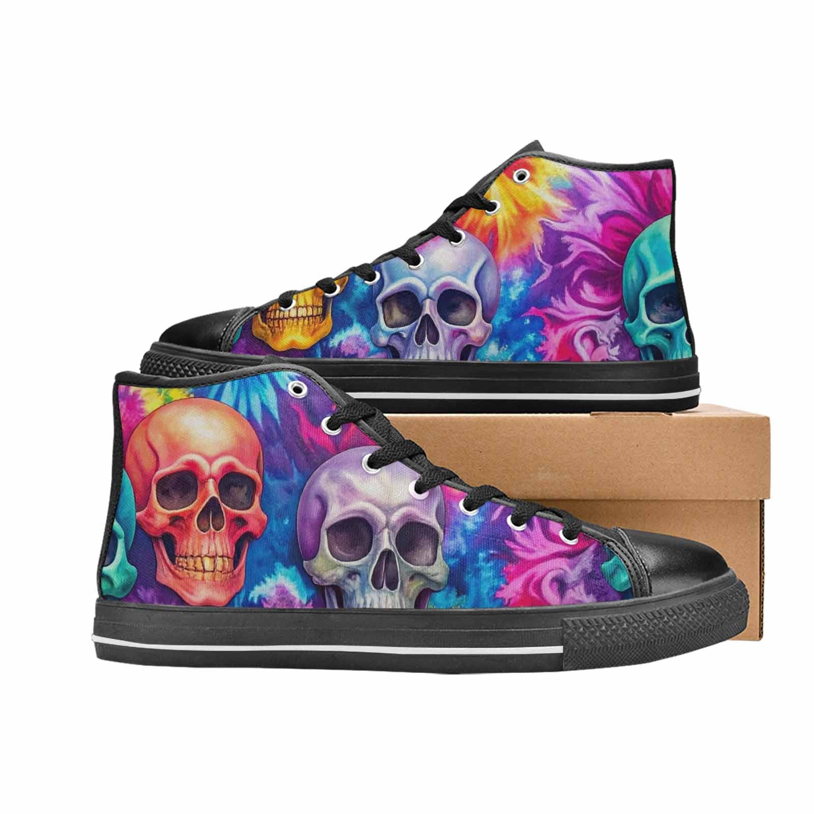 MEN'S Tie Dye Skulls Print High Top Canvas Neon Fantasy Custom Shoes