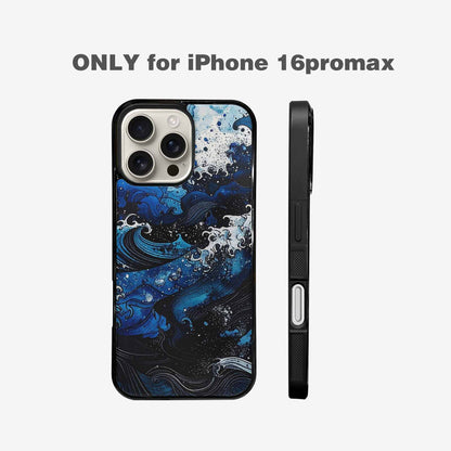 iPhone 16 Pro Max Case — Nautical Wave Black Blue Ink Wave, Original Design Phone Case
