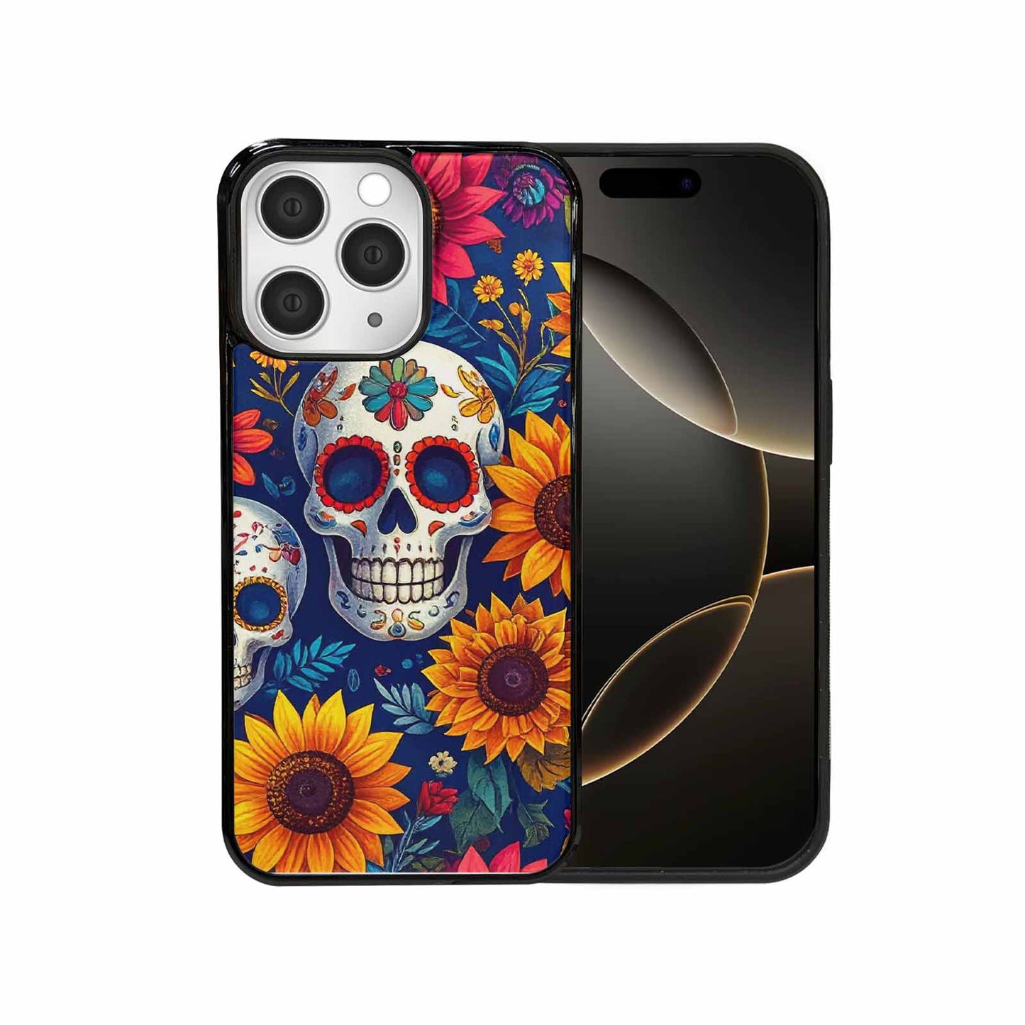 iPhone 15 Pro Max Case — Sunflower Skulls Print Custom, Original Design Phone Case