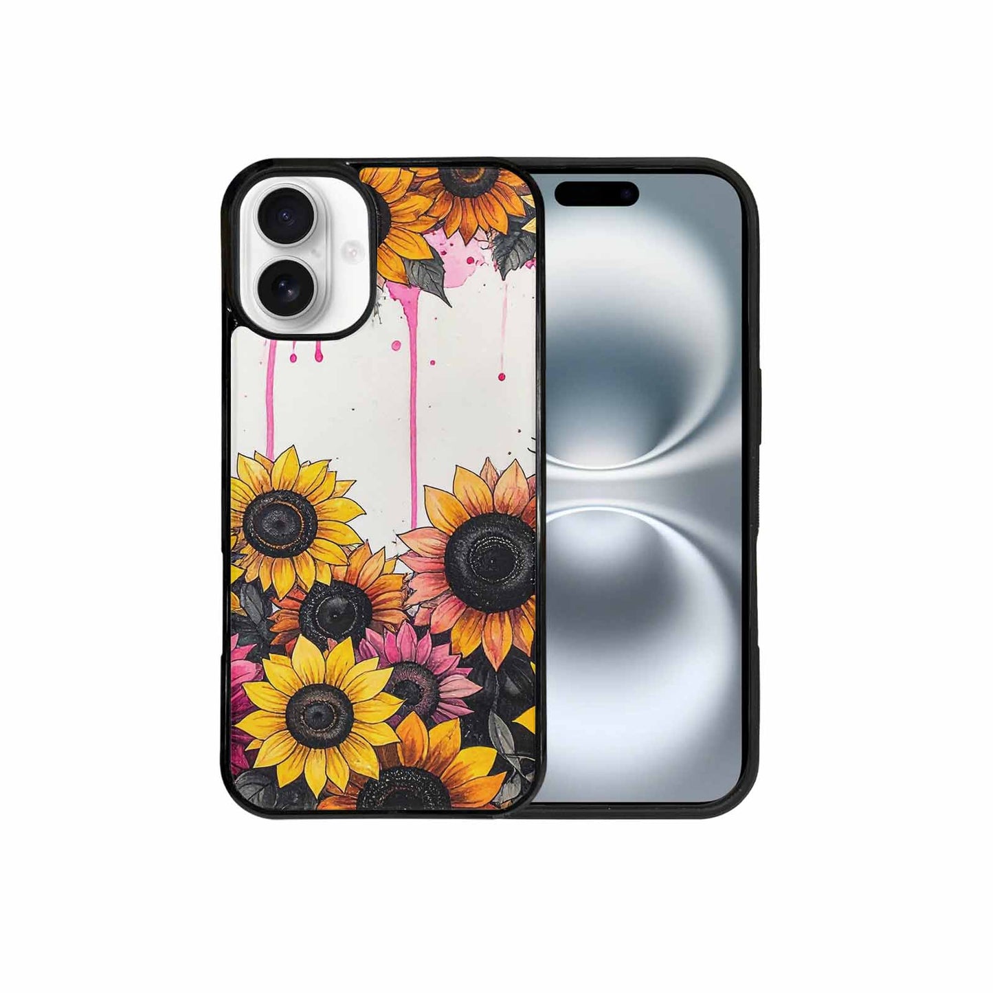 iPhone 16 Plus Case — Sunflower Burst Black Pink Ink Sunflowers, Custom Art Phone Cover