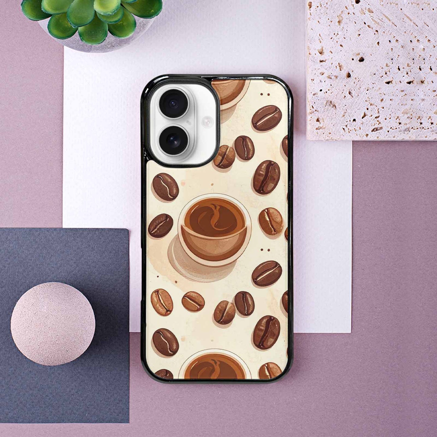 iPhone 16 Case — Coffee Cup And Bean Pattern Seamless, Custom Art Phone Cover