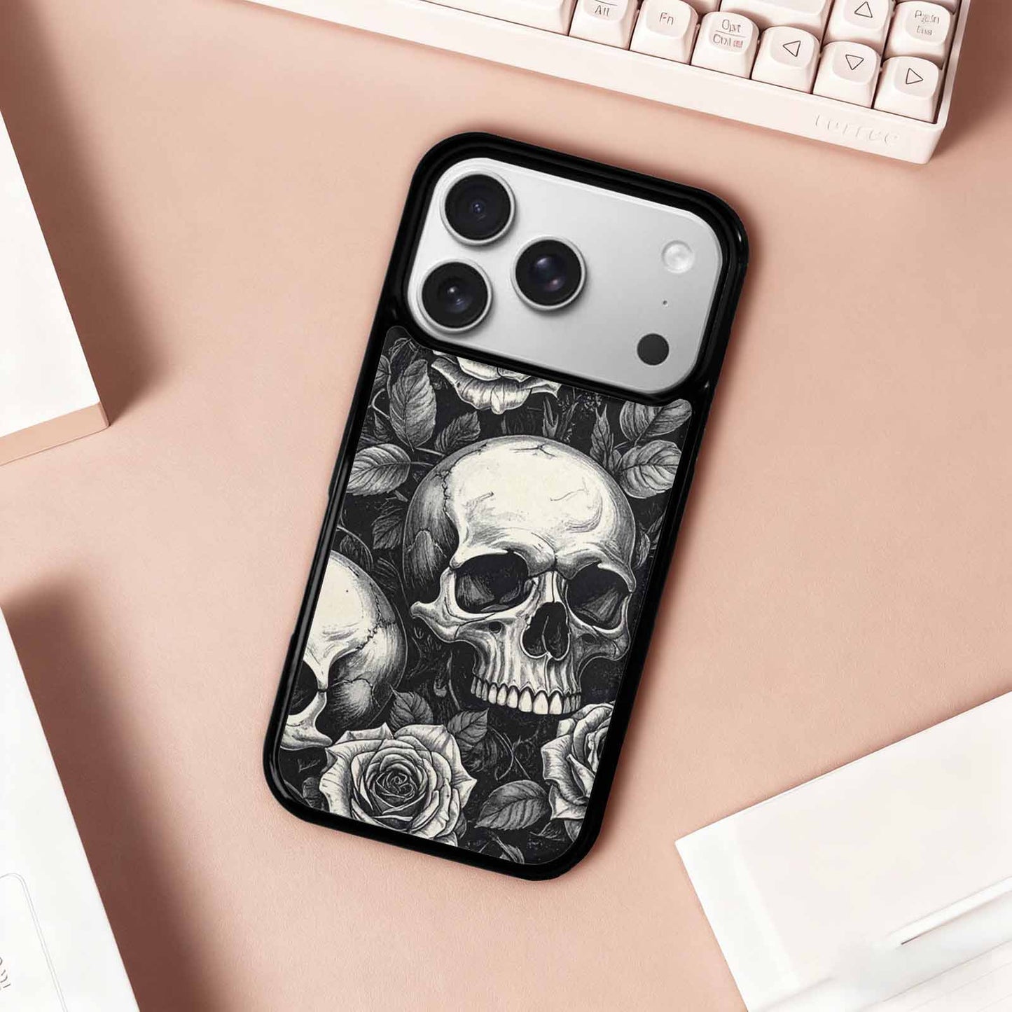 iPhone 17 Pro Case — Skulls Roses Black Ink Gothic Skulls, Unique Phone Case Design