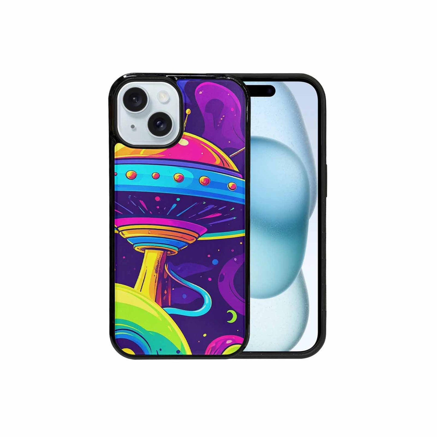 iPhone 15 Case — Alien Ufo Cartoon Art Pattern Groovy, Custom Designed Case Cover