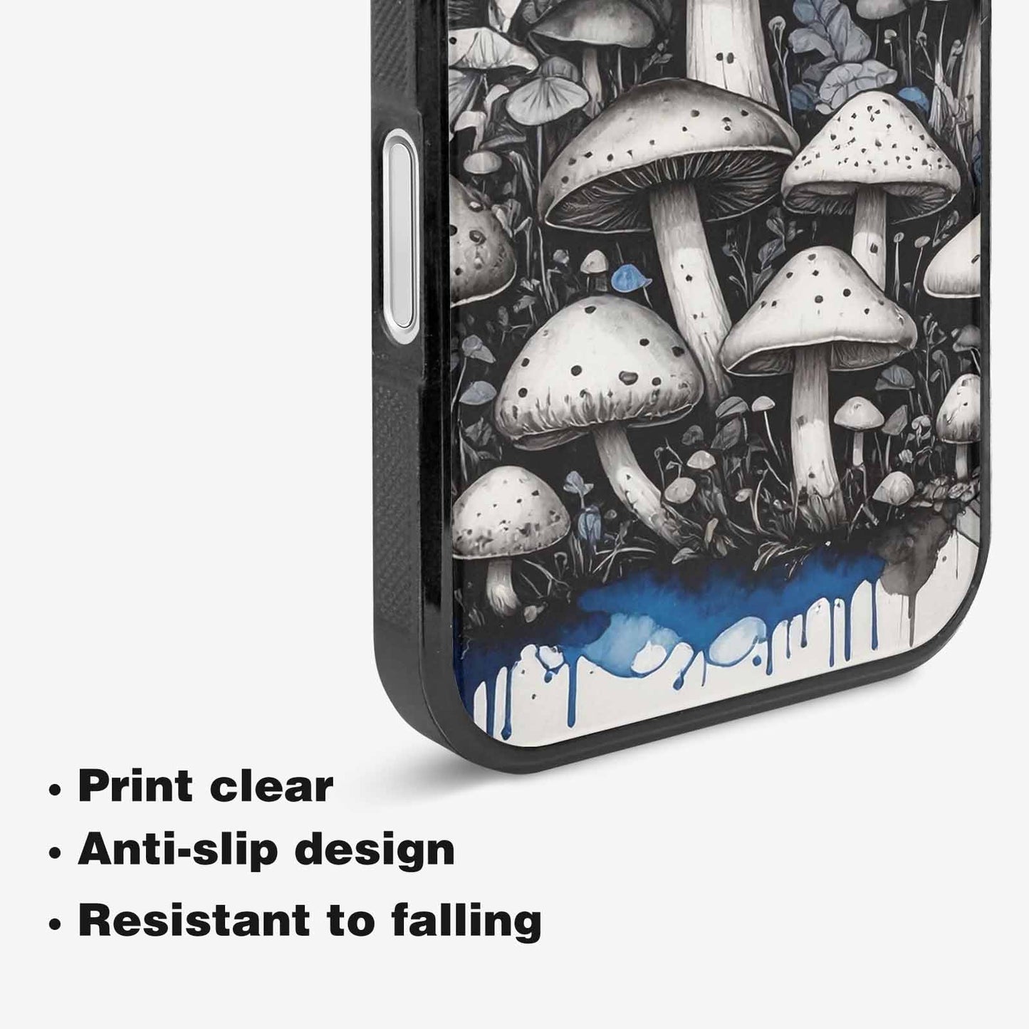 iPhone 16 Case — Mushrooms General Black Blue Ink Mushrooms, Unique Phone Case Design