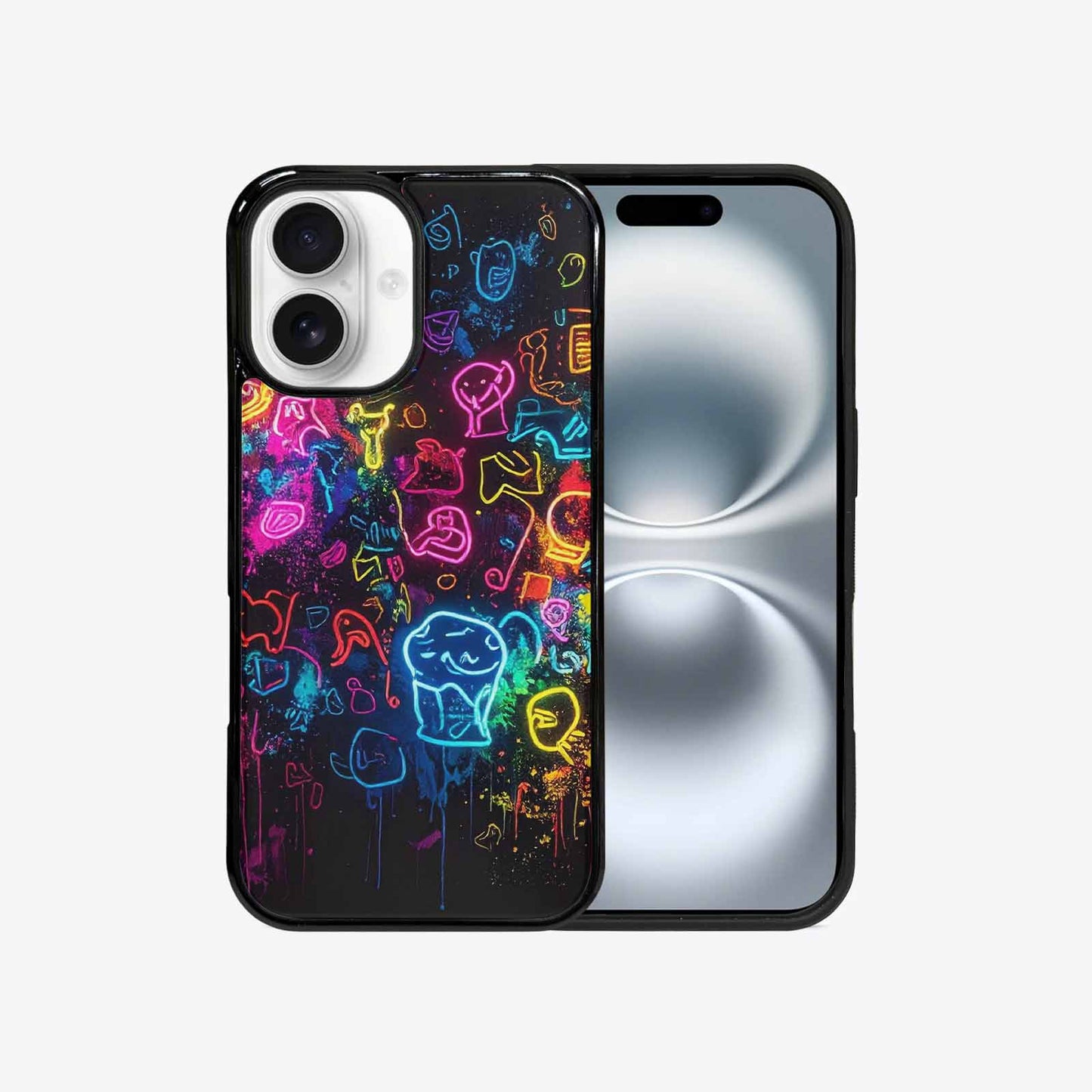 iPhone 16 Case — Neon Glow Outline Icon Pattern Hundreds, Customized Protective Case