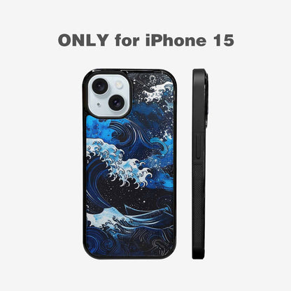 iPhone 15 Case — Nautical Wave Black Blue Ink Wave, Original Design Phone Case