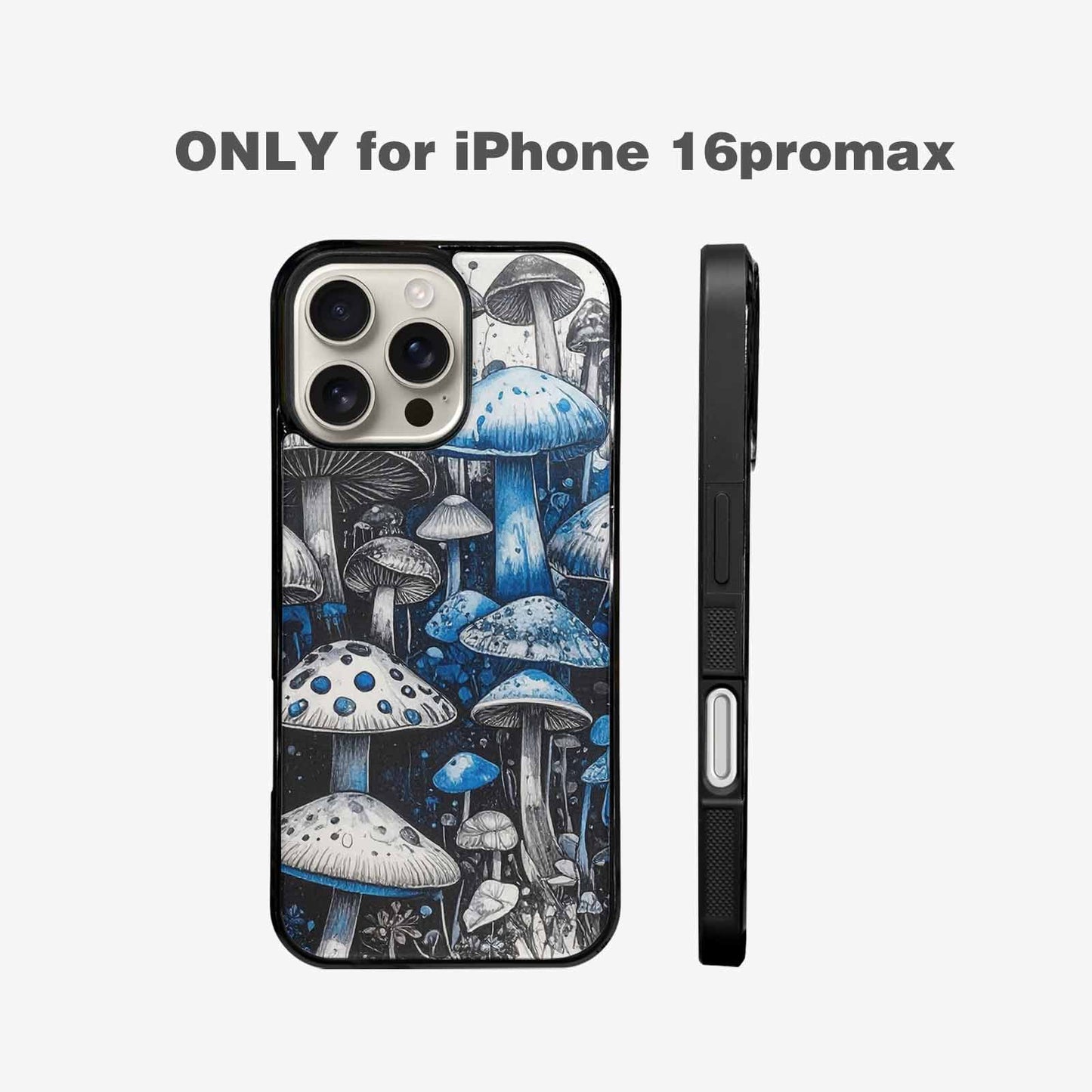 iPhone 16 Pro Max Case — Mushrooms General Black Blue Ink Mushrooms, Custom Art Phone Cover