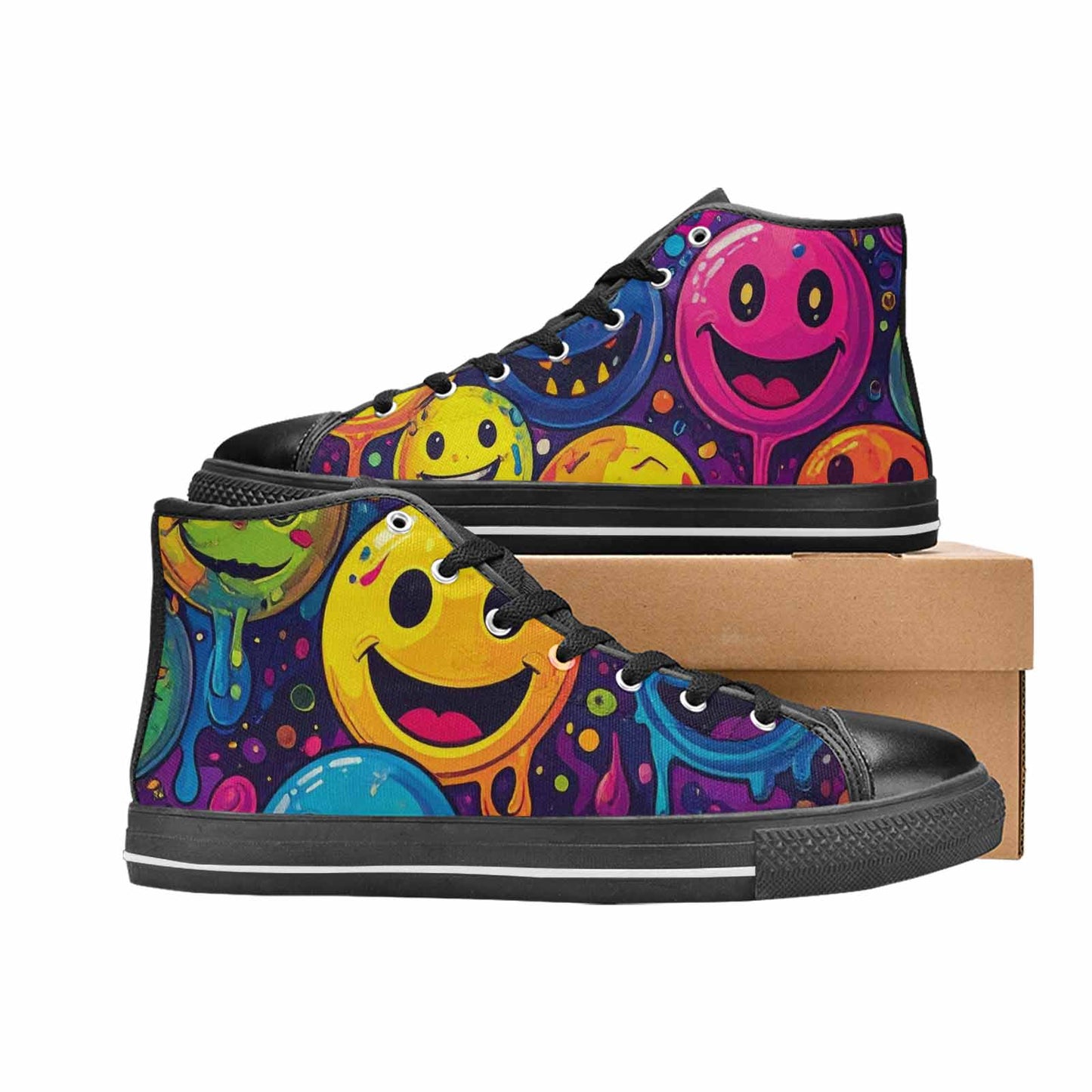 WOMEN'S Yellow Smiley Face High Top Canvas Dark Academia Shoes