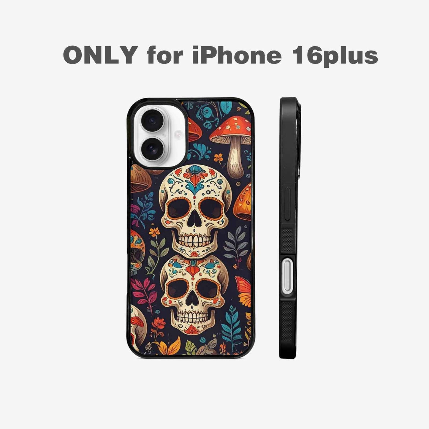 iPhone 16 Plus Case — Mushrooms And Skulls, Custom Made Phone Cover
